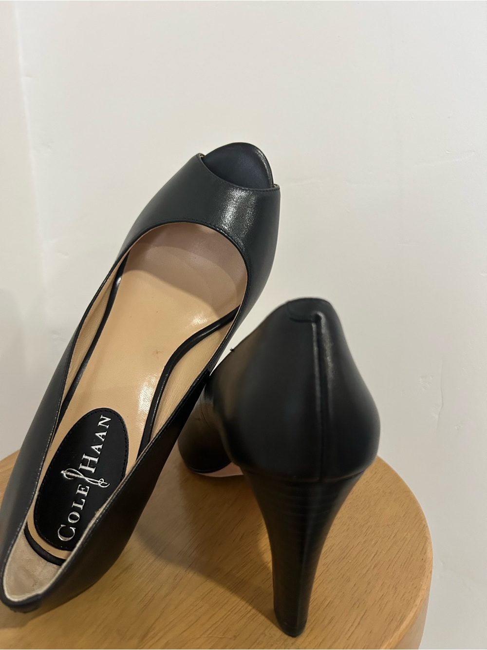 Cole Haan Black Leather Peep-Toe Heels